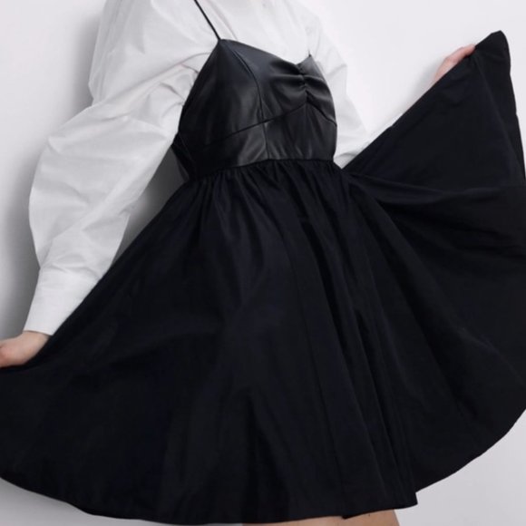 ZARA Sweetheart Neckline Black Faux Leather Combination Mini Dress - Picture 15 of 15